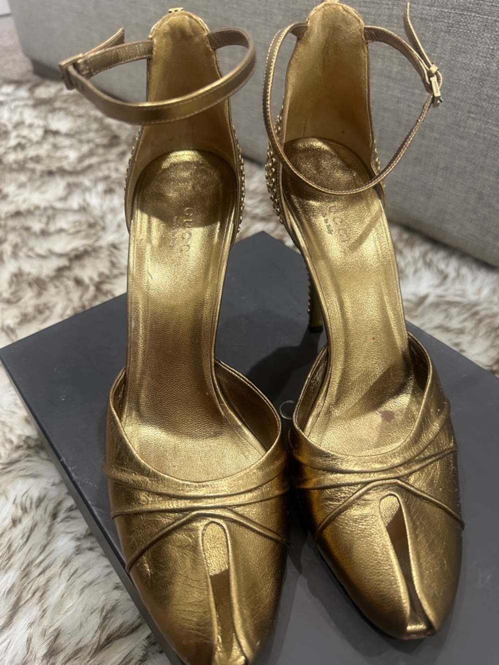 Gucci Metallic Gold Ankle-Strap Pointed-Toe Heels